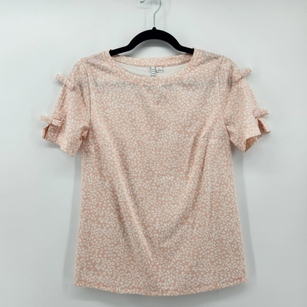 ELLE‎ Womens XS Pink White Floral Bow Print Bow Accent Sleeve Cute Casual Blouse